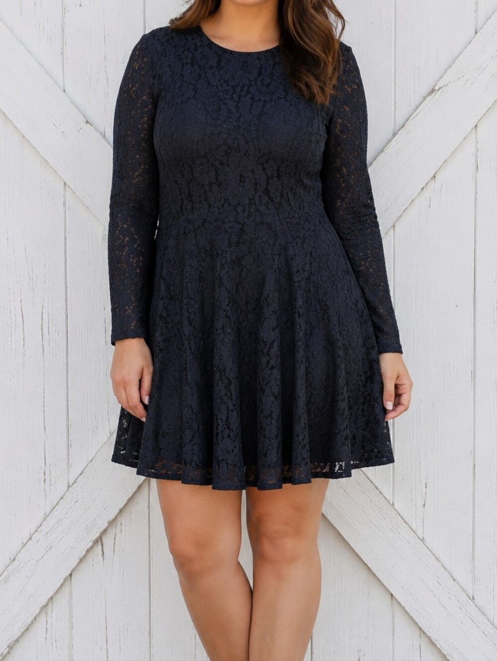 H&M Black Lace Fit & Flare Long-Sleeve Skater Dress Size 14